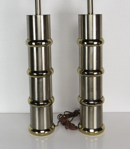 edgebrookhouse - vintage mid century modern chrome and brass cylinder lamps a pair