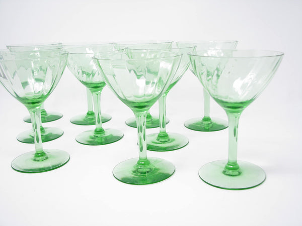 edgebrookhouse - Vintage 1920s Depression Glass Green Optic Swirl Coupe Champagne Glasses - Set of 10