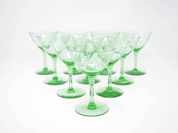 edgebrookhouse - Vintage 1920s Depression Glass Green Optic Swirl Coupe Champagne Glasses - Set of 10