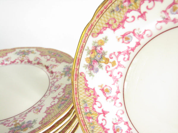 edgebrookhouse - Vintage 1930s Heinrich & Co Selb Bread or Dessert Plates with Pink Scrolls and Gold Trim - Set of 7