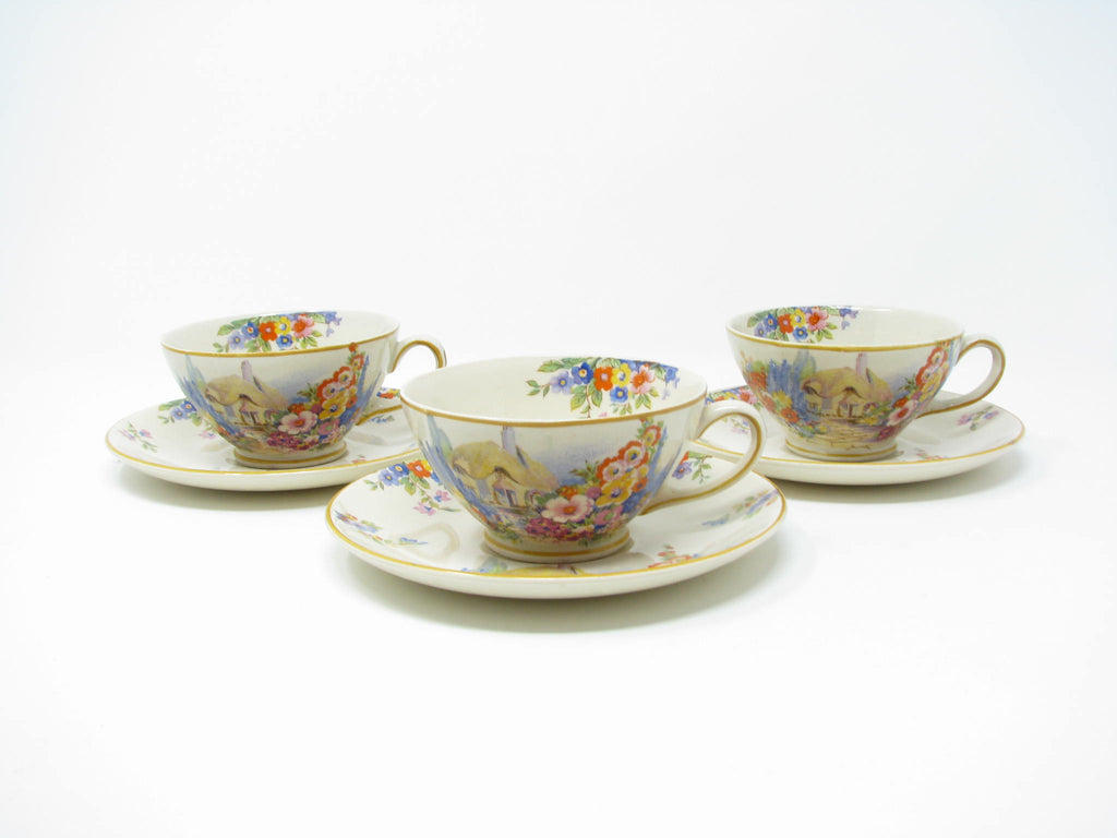 Vintage 1930s Swinnertons Old England Gardens Earthenware Cups & Sauce   edgebrookhouse