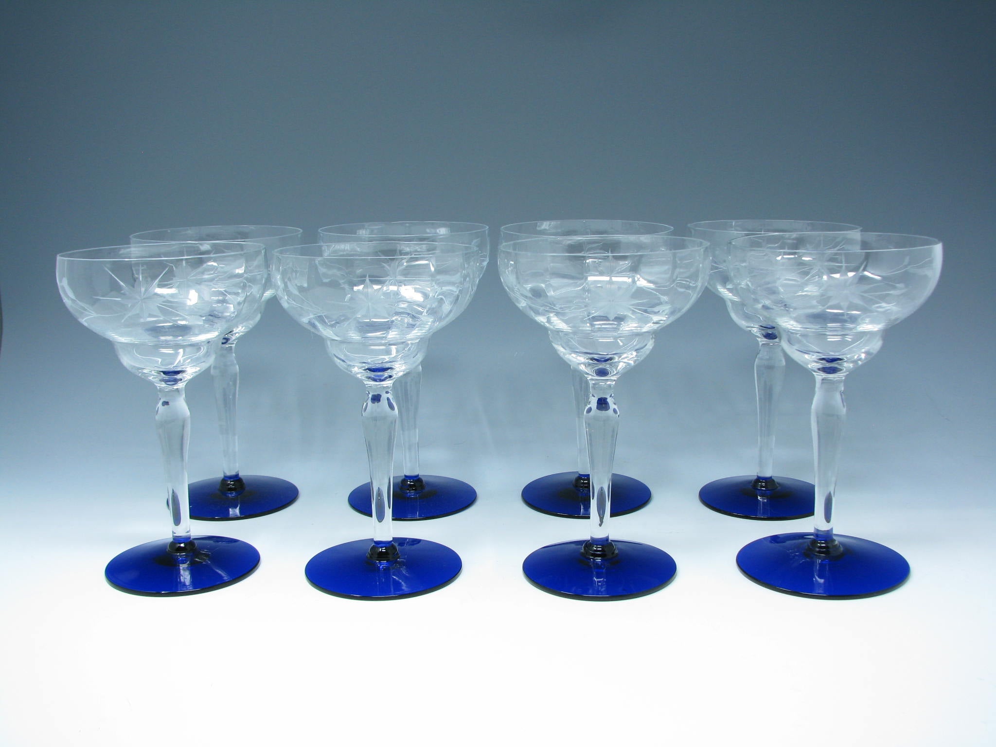 edgebrookhouse - Vintage 1930s Weston Cut Glass Champagne Sherbet Goblets with Floral Design and Cobalt Foot - 8 Pieces