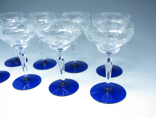 edgebrookhouse - Vintage 1930s Weston Cut Glass Champagne Sherbet Goblets with Floral Design and Cobalt Foot - 8 Pieces
