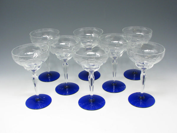 edgebrookhouse - Vintage 1930s Weston Cut Glass Champagne Sherbet Goblets with Leaves and Floral Design, Cobalt Foot - 8 Pieces