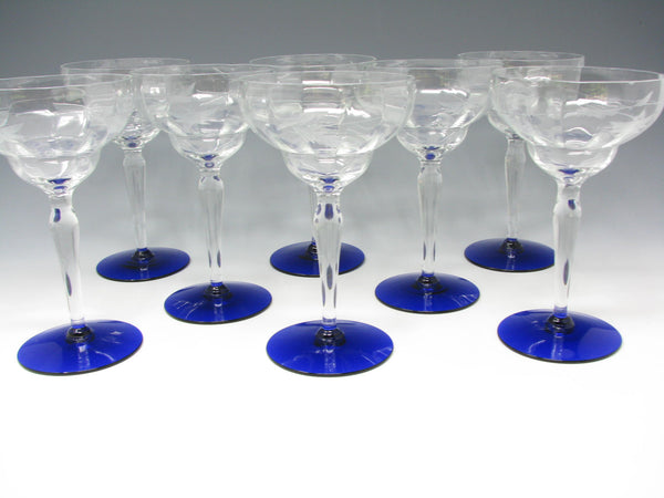 edgebrookhouse - Vintage 1930s Weston Cut Glass Champagne Sherbet Goblets with Leaves and Floral Design, Cobalt Foot - 8 Pieces