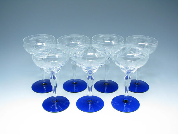 edgebrookhouse - Vintage 1930s Weston Cut Glass Liquor Cocktail Goblets with Floral Design and Cobalt Foot - 7 Pieces