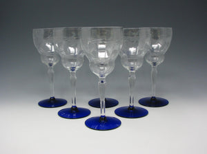 edgebrookhouse - Vintage 1930s Weston Cut Glass Water or Wine Goblets with Leaves & Floral Pattern, Cobalt Foot - 6 Pieces