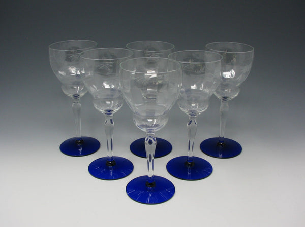 edgebrookhouse - Vintage 1930s Weston Cut Glass Water or Wine Goblets with Leaves & Floral Pattern, Cobalt Foot - 6 Pieces