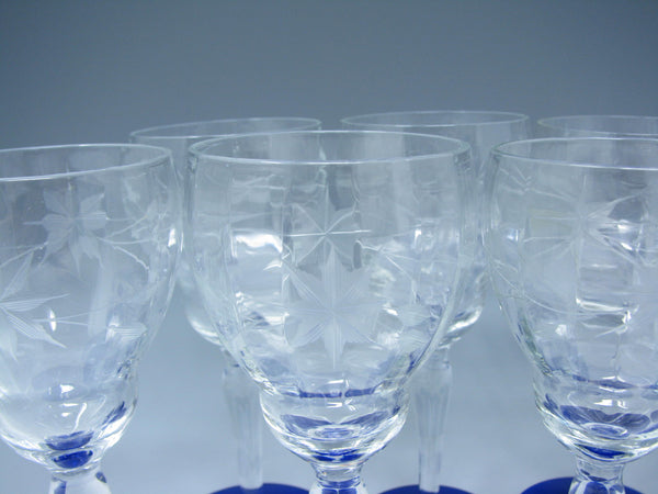 edgebrookhouse - Vintage 1930s Weston Cut Glass Wine Goblets with Floral Design and Cobalt Foot - 8 Pieces