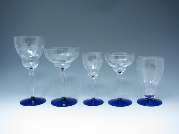 edgebrookhouse - Vintage 1930s Weston Cut Glass Wine Goblets with Floral Design and Cobalt Foot - 8 Pieces