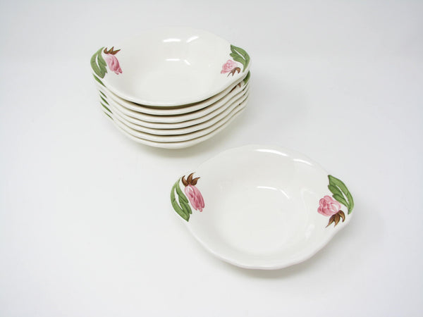edgebrookhouse - Vintage 1940s Continental Kilns Green Arbor Handled Bowls with Pink Floral Design - 8 Pieces