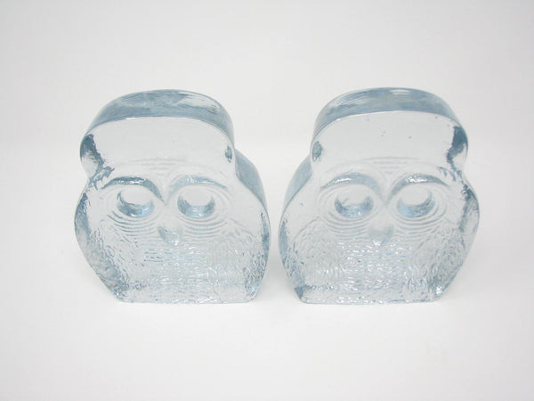 edgebrookhouse - Vintage 1960s Blenko Art Glass Owl Bookends in Crystal Light Blue Hue - a Pair