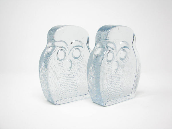 edgebrookhouse - Vintage 1960s Blenko Art Glass Owl Bookends in Crystal Light Blue Hue - a Pair