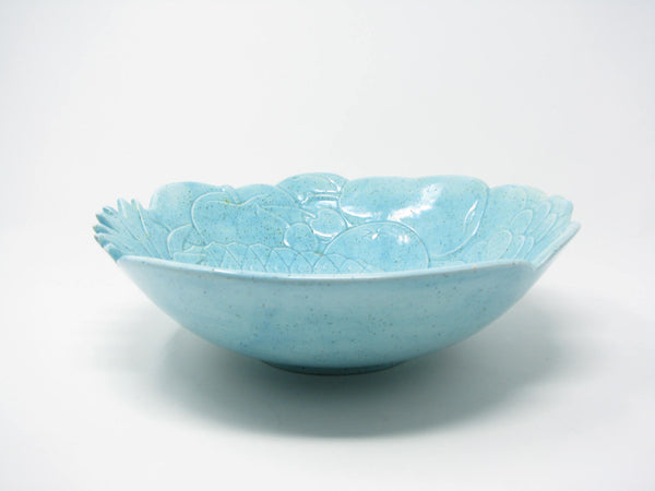 edgebrookhouse - Vintage 1960s Hand-Painted Ceramic Serving Bowl in Speckled Aqua with Embossed Fruit