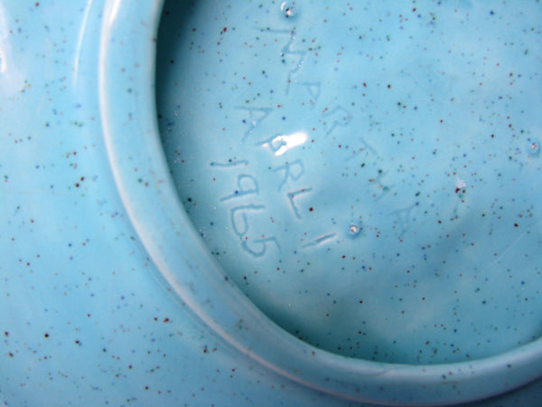 edgebrookhouse - Vintage 1960s Hand-Painted Ceramic Serving Bowl in Speckled Aqua with Embossed Fruit