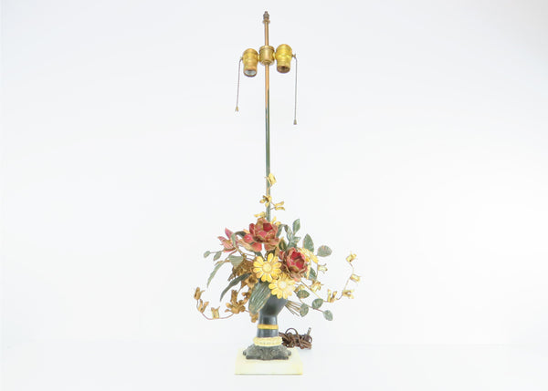 edgebrookhouse - Vintage 1960s Italian Tole Table Lamp With Bronzed Hand Holding a Bouquet of Flowers