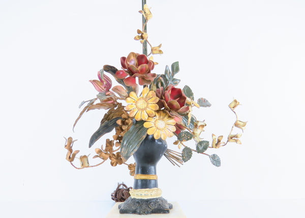 edgebrookhouse - Vintage 1960s Italian Tole Table Lamp With Bronzed Hand Holding a Bouquet of Flowers