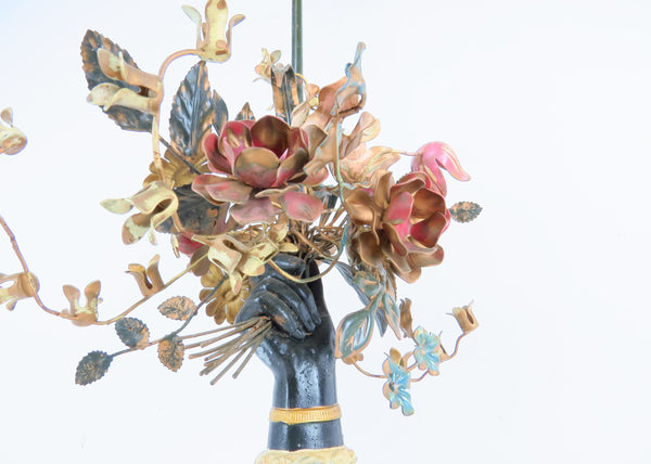edgebrookhouse - Vintage 1960s Italian Tole Table Lamp With Bronzed Hand Holding a Bouquet of Flowers