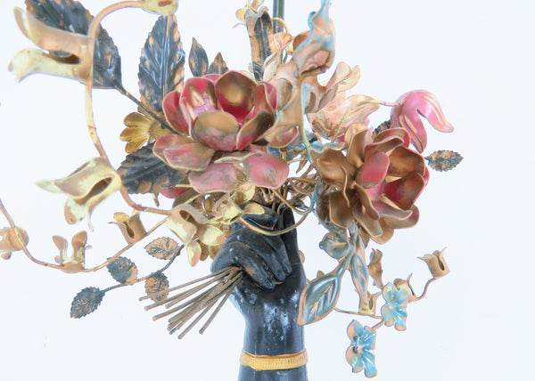 edgebrookhouse - Vintage 1960s Italian Tole Table Lamp With Bronzed Hand Holding a Bouquet of Flowers