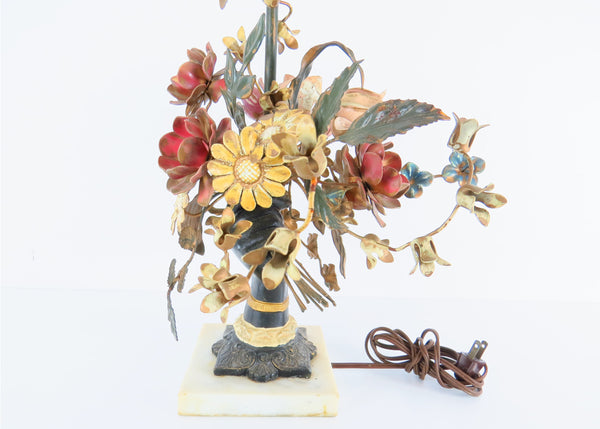 edgebrookhouse - Vintage 1960s Italian Tole Table Lamp With Bronzed Hand Holding a Bouquet of Flowers