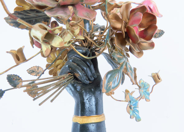 edgebrookhouse - Vintage 1960s Italian Tole Table Lamp With Bronzed Hand Holding a Bouquet of Flowers