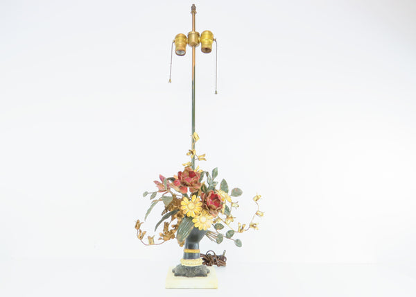 edgebrookhouse - Vintage 1960s Italian Tole Table Lamp With Bronzed Hand Holding a Bouquet of Flowers