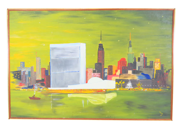 edgebrookhouse - Vintage 1960s Oil on Canvas Landscape of New York City - Artist Initialed and Dated 1967