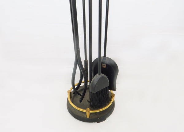 edgebrookhouse - Vintage 1960s Pilgrim Brass and Iron Fireplace Tool Set on Round Stand- 5 Pieces