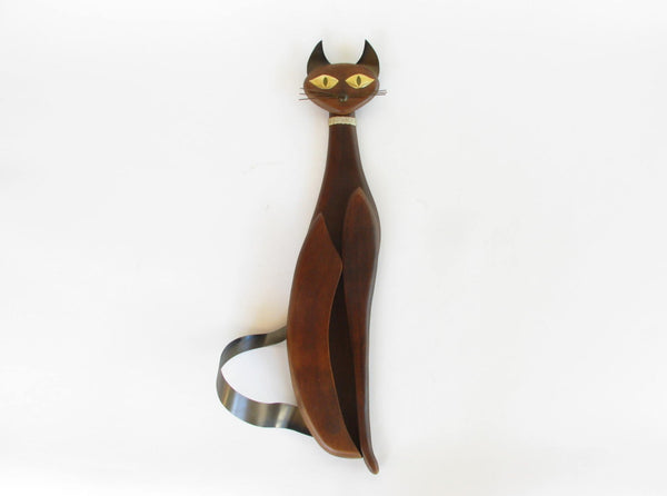 edgebrookhouse - Vintage 1961 Masketeers Teak Wood and Brass Cat Wall Sculpture / Décor
