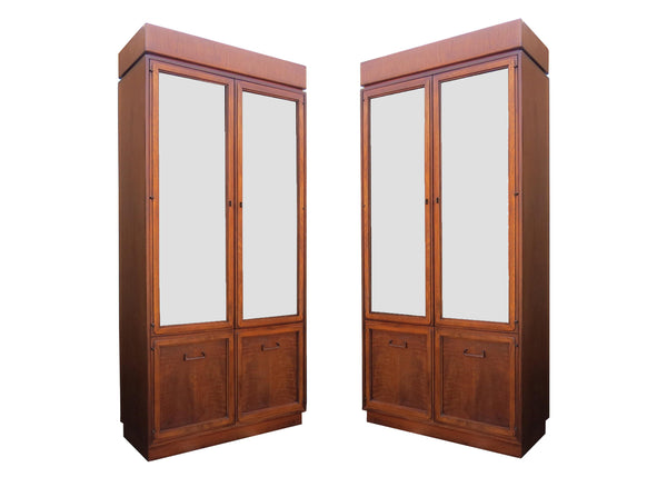 edgebrookhouse - Vintage 1970s Americana Thomasville Tall Walnut and Glass Case Cabinets - a Pair