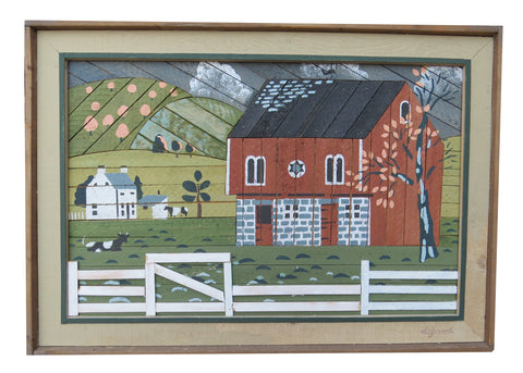 edgebrookhouse - Vintage 1970s Austin Productions LathArt by Theodore deGroot Featuring Red Barn and White Picket Fence