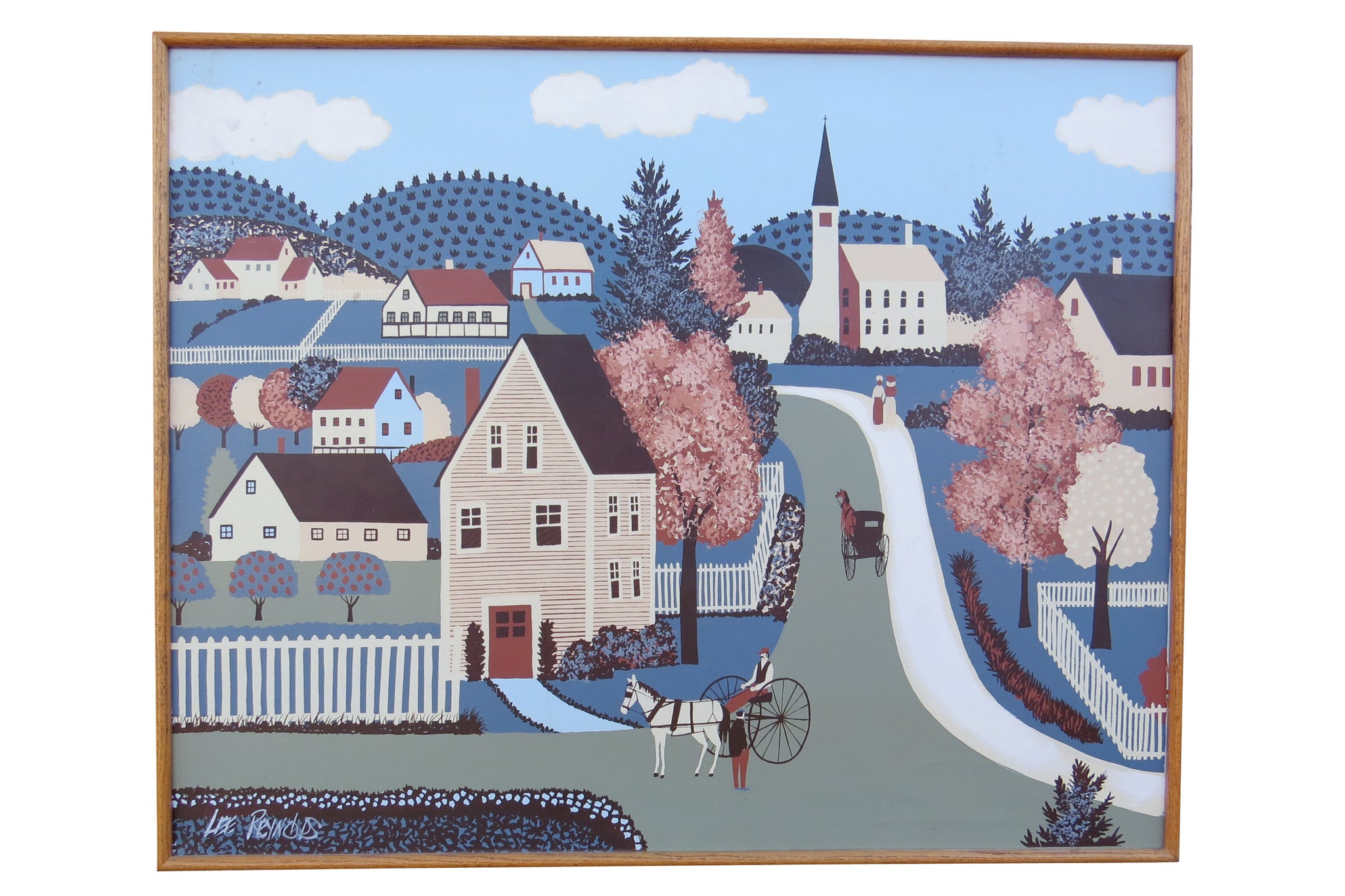 edgebrookhouse - Vintage 1970s Oil on Canvas Folk Art Painting of Town Scene by Lee Reynolds