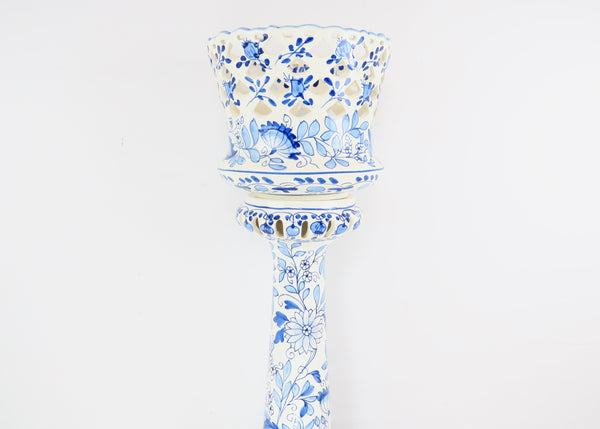 edgebrookhouse - Vintage 1970s Spanish Ceramic Blue & White Reticulated Jardiniere Planter on Pedestal Made in Spain