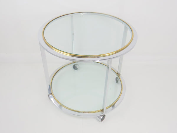 edgebrookhouse - Vintage 1970s Willy Rizzo Style Two Tier Chrome Brass and Glass Rolling Table on Casters