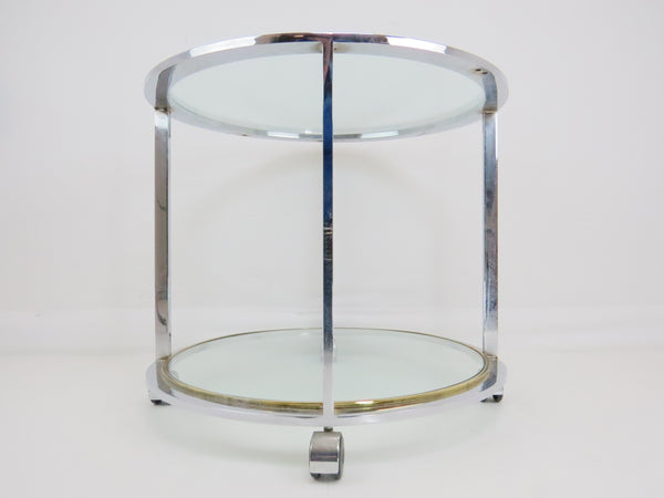 edgebrookhouse - Vintage 1970s Willy Rizzo Style Two Tier Chrome Brass and Glass Rolling Table on Casters