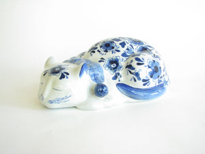 edgebrookhouse - Vintage Andrea by Sadek Porcelain Resting Cat with Blue White Design