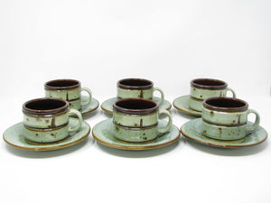 edgebrookhouse - Vintage Baldelli Pottery Green Bamboo Style Cups & Saucers - 13 Pieces