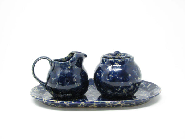 edgebrookhouse - Vintage Bennington Pottery Blue Agate Creamer, Lidded Sugar Bowl and Oval Tray - 3 Pieces