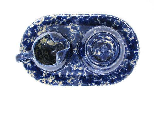 edgebrookhouse - Vintage Bennington Pottery Blue Agate Creamer, Lidded Sugar Bowl and Oval Tray - 3 Pieces
