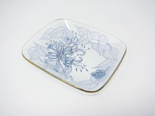 edgebrookhouse - Vintage Bent Glass Trinket Dish with Purple & Blue Floral Design and Gold Trim