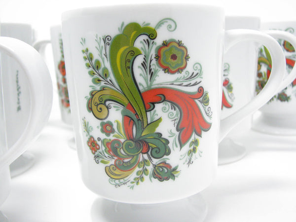 edgebrookhouse - Vintage Berggren Scandinavian Folk Art Porcelain Footed Cups Mugs & Matching Creamer - 11 Pieces