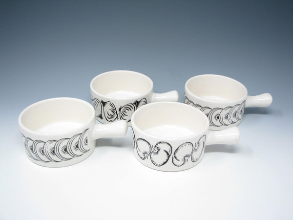 edgebrookhouse - Vintage Black & White Ceramic Handled Soup Cups with Vegetable Designs Made in Japan - 4 Pieces