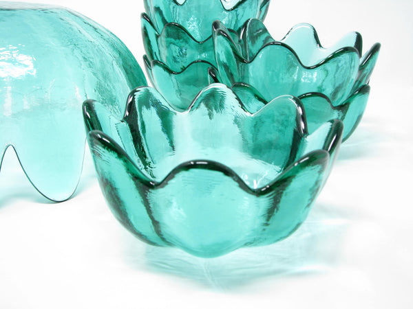 edgebrookhouse - Vintage Blenko Glass Lotus Serving Bowl Set in Sea Green Designed by Wayne Husted - 7 Pieces