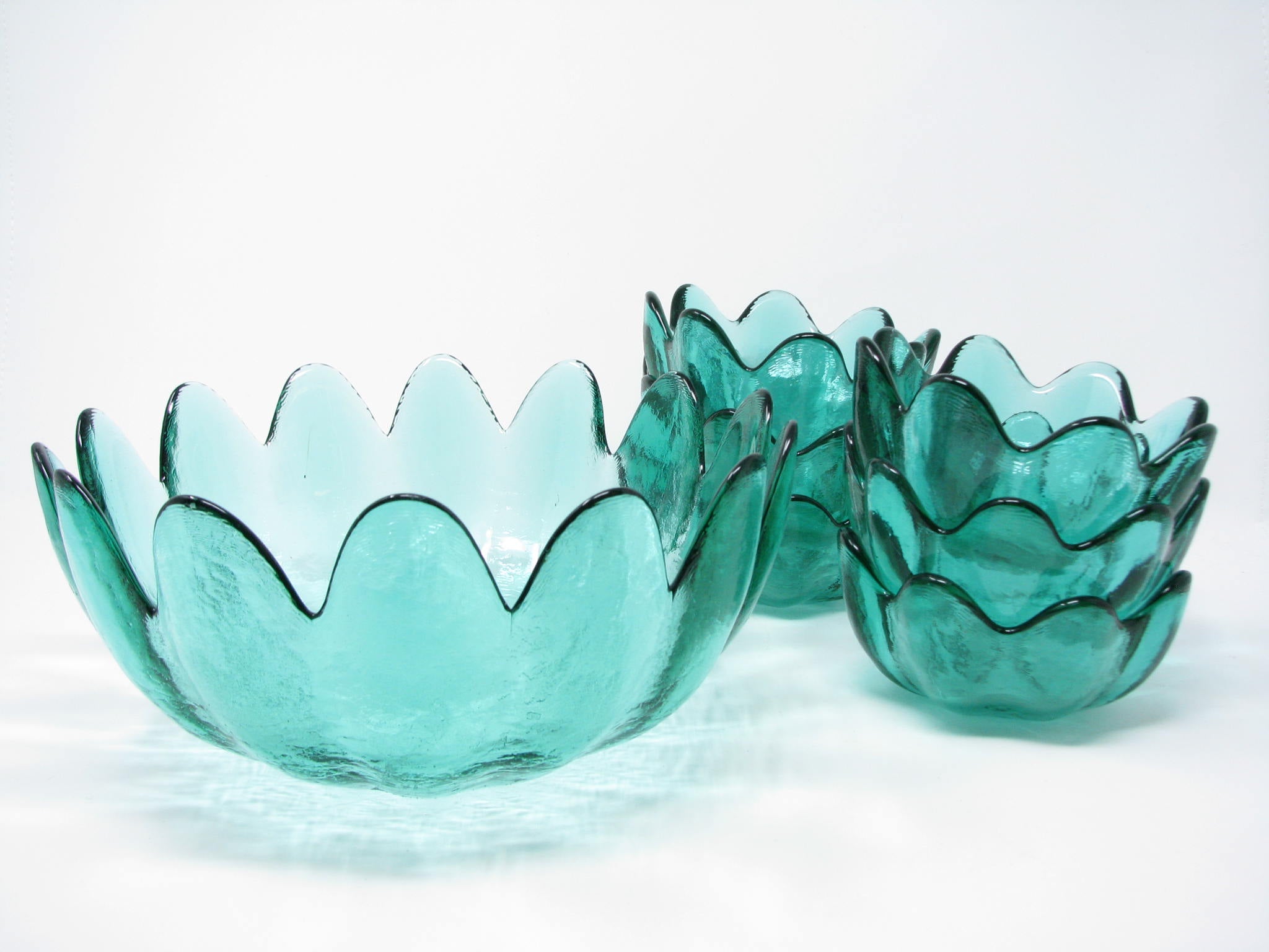 edgebrookhouse - Vintage Blenko Glass Lotus Serving Bowl Set in Sea Green Designed by Wayne Husted - 7 Pieces