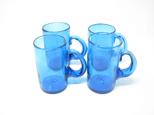 edgebrookhouse - Vintage Blenko Style Hand-Blown Turquoise Glass Mugs - Set of 4