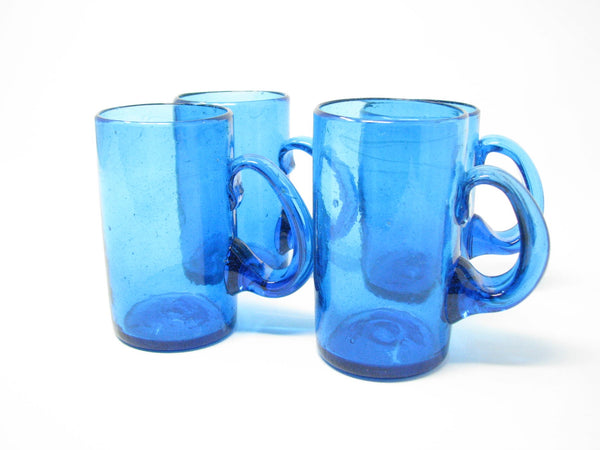 edgebrookhouse - Vintage Blenko Style Hand-Blown Turquoise Glass Mugs - Set of 4