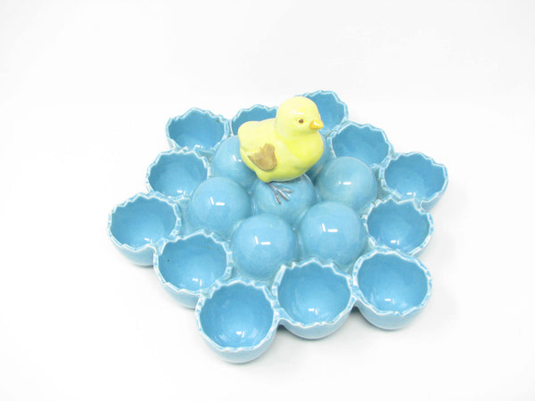 edgebrookhouse - Vintage Blue Ceramic Easter Egg Holder Dish Centerpiece with Yellow Chick
