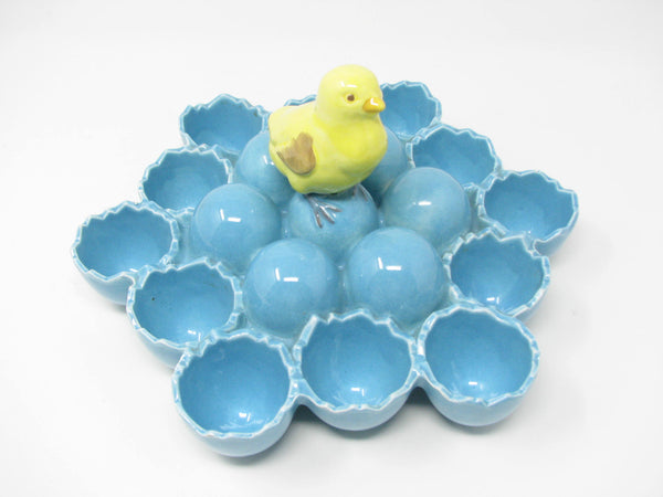 edgebrookhouse - Vintage Blue Ceramic Easter Egg Holder Dish Centerpiece with Yellow Chick