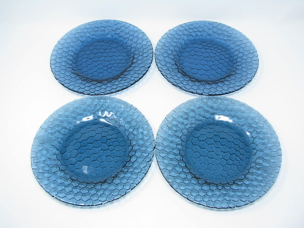 edgebrookhouse - Vintage Blue Glass Salad Plates with Textured Honeycomb Design - 4 Pieces