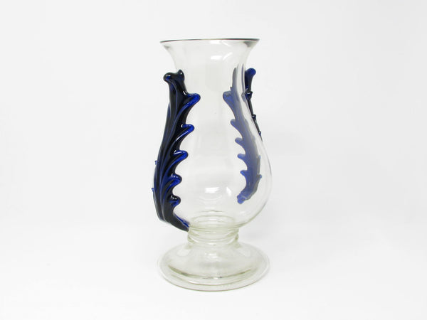edgebrookhouse - Vintage Bohemian Czech Footed Glass Vase with Applied Cobalt Blue Rigaree